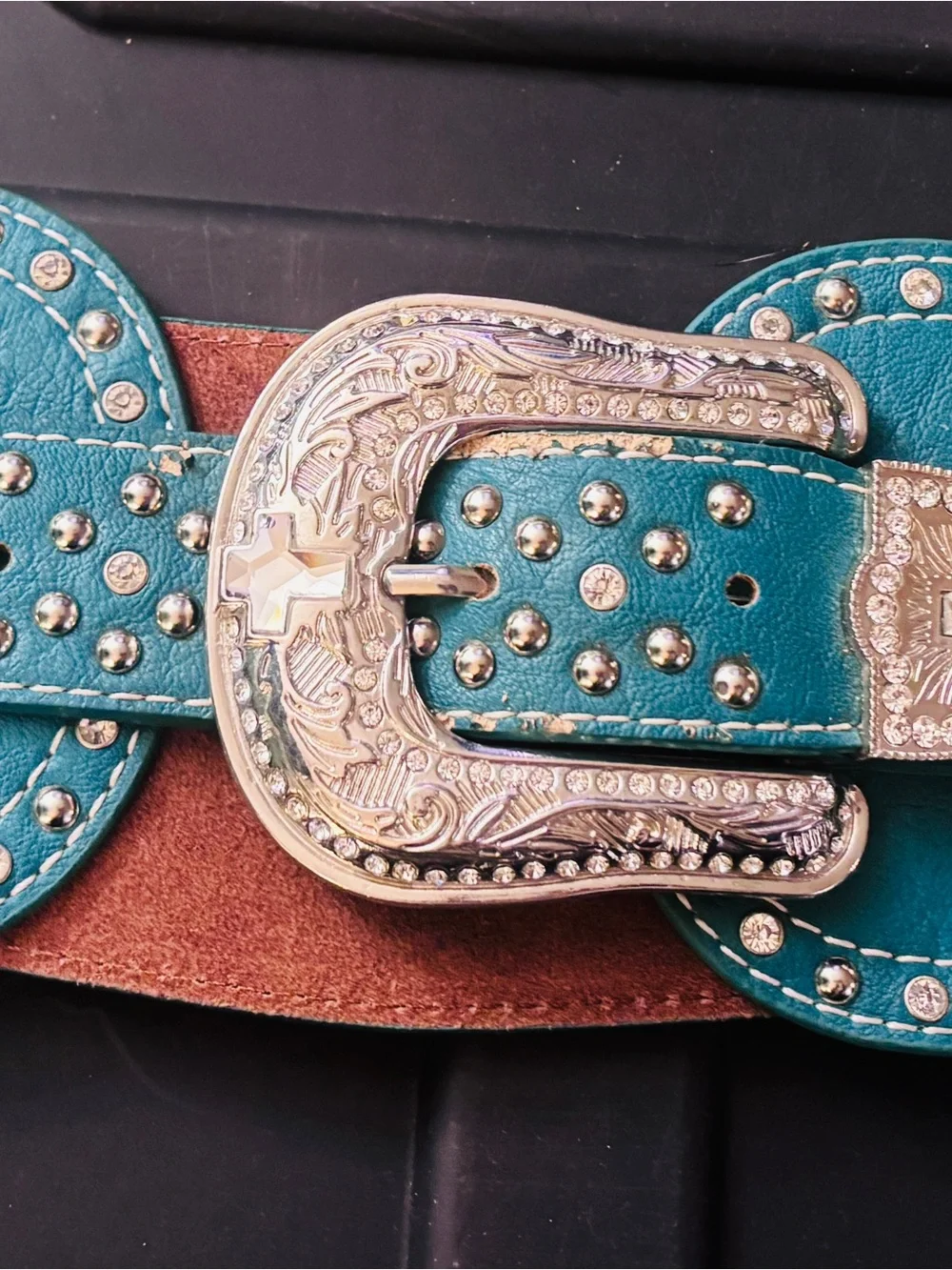 Montana West Teal Western Belt with Ornate Silver Buckle